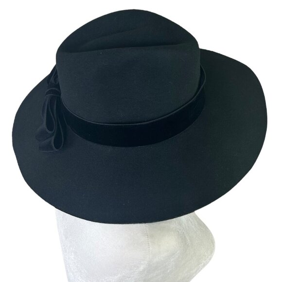Sensi Studio - Women’s Felted Wool Fedora Hat, Velvet Band, Bow - Black, Large - Picture 12 of 16